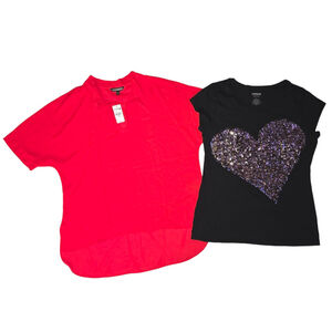 VTG Lot of 2 EXPRESS Tops, Sz L, Red Bow Tie Neck Blouse Black Heart Sequin Top